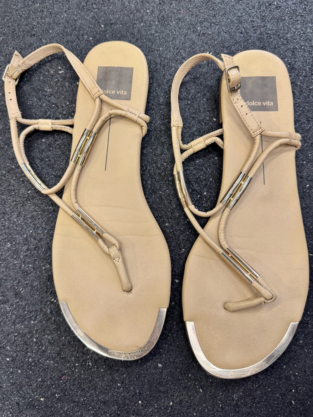 Dolce Vita Tan T-Strap Sandals with Gold Accents